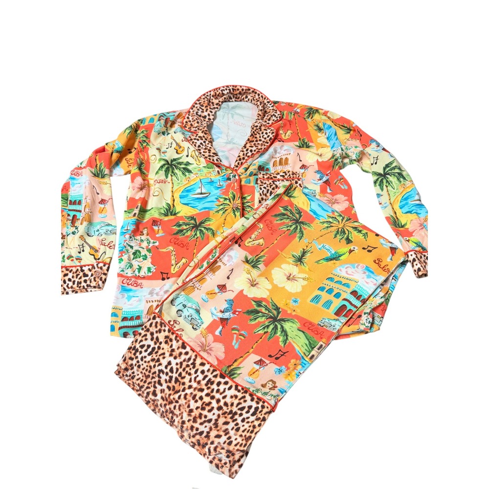 MAAJI Leopard Print Cuba Postcard Pajama Set Size M Orange Tropical Wide Leg